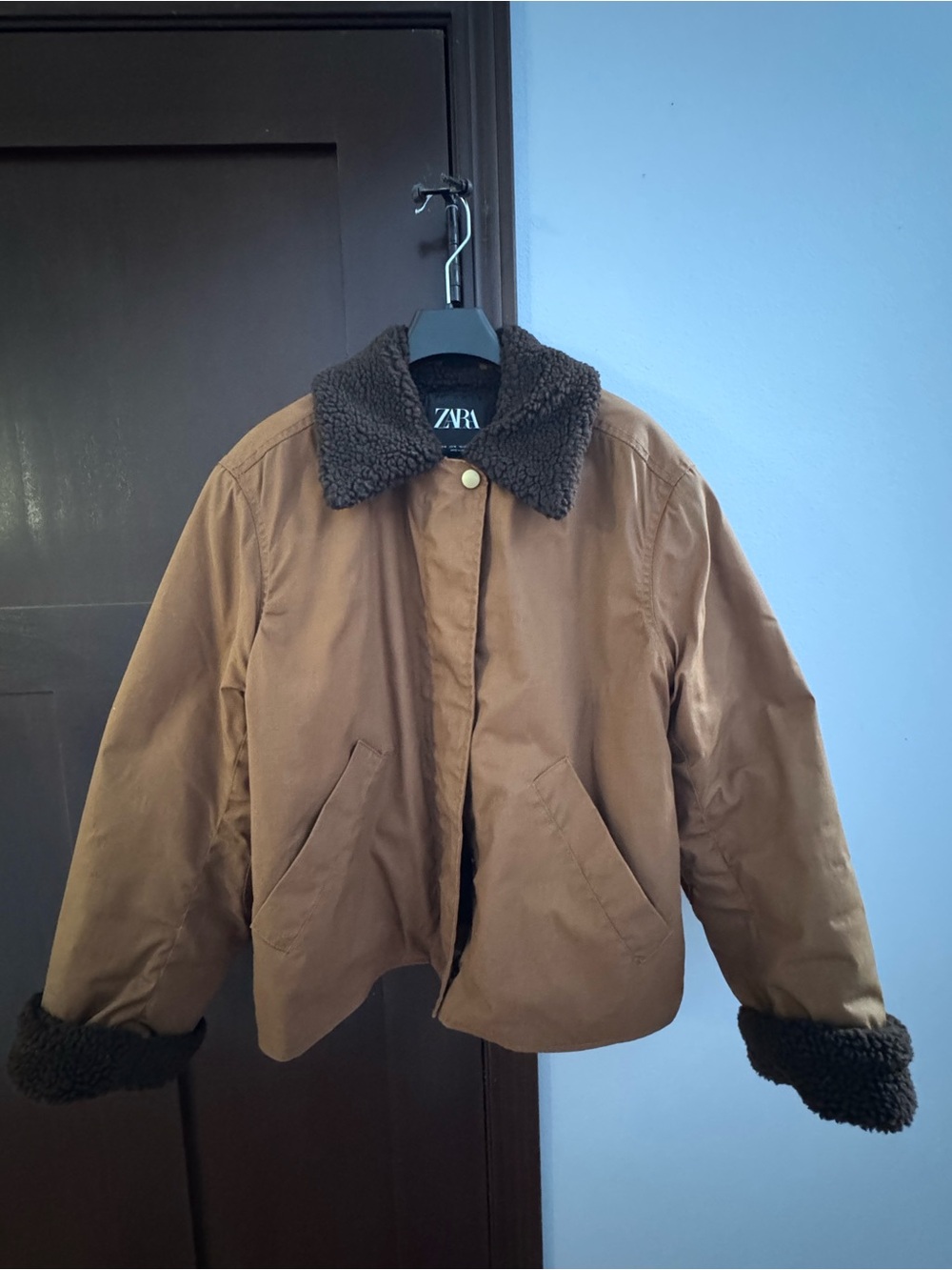 ZARA Brown Bomber Jacket with Dark Brown Sherpa Trim